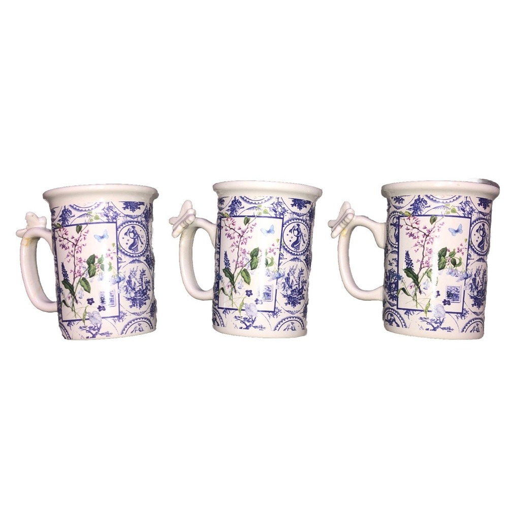 Hallmark Coffee Cup Mugs 10 oz Toile Floral Design Butterfly Handle Set Of 3